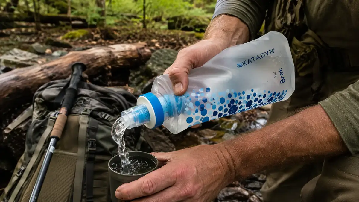 Hiker squeezing water through the Katadyn BeFree filter flask directly into his mouth on the trail