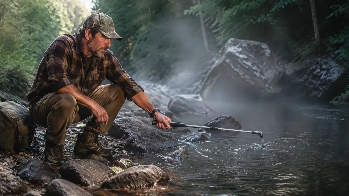 Angler crouched at the edge of a mountain stream extending a telescopic rod to cast toward a pool