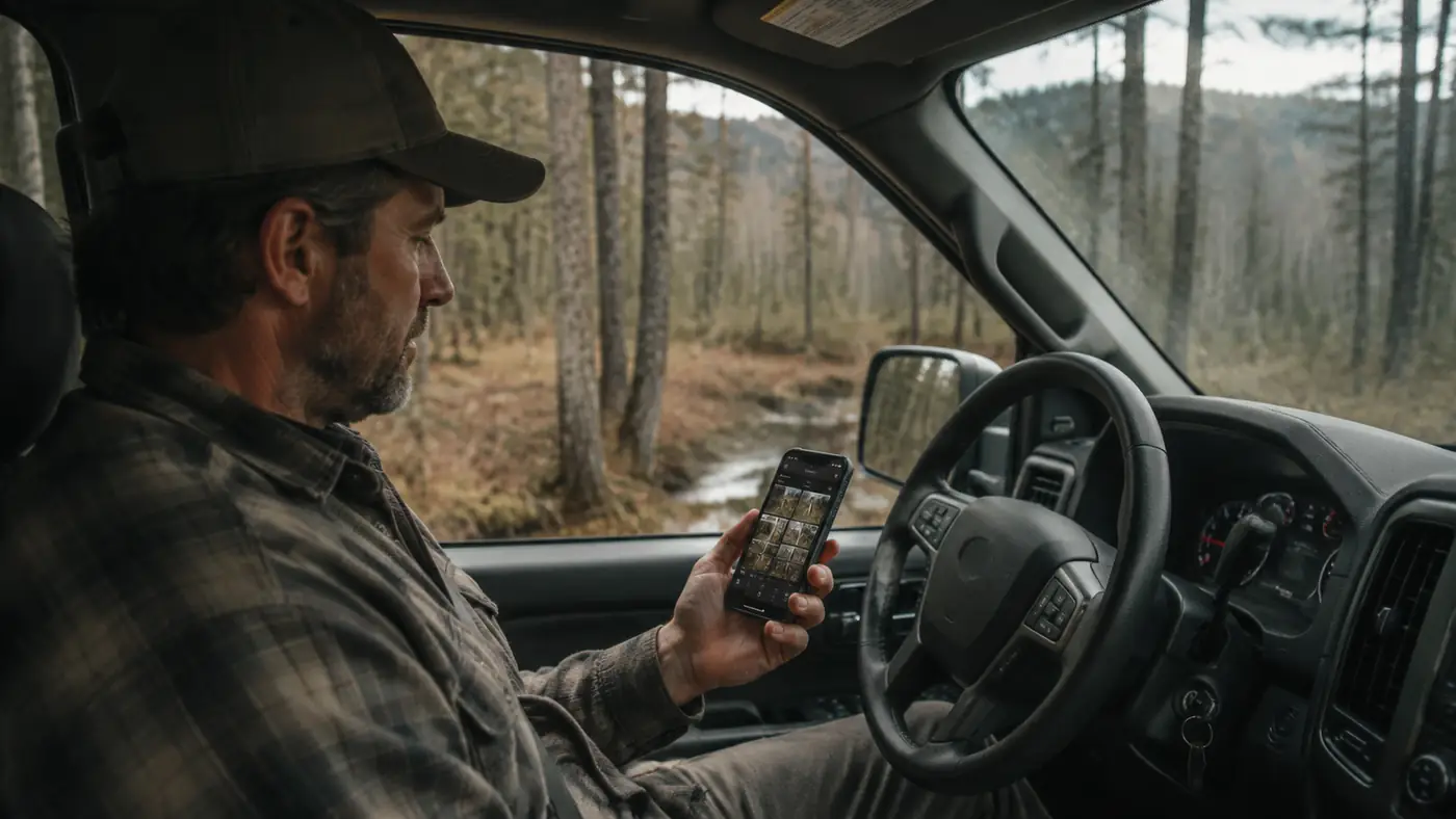Hunter checking trail camera photos on a phone from the truck instead of walking into the woods