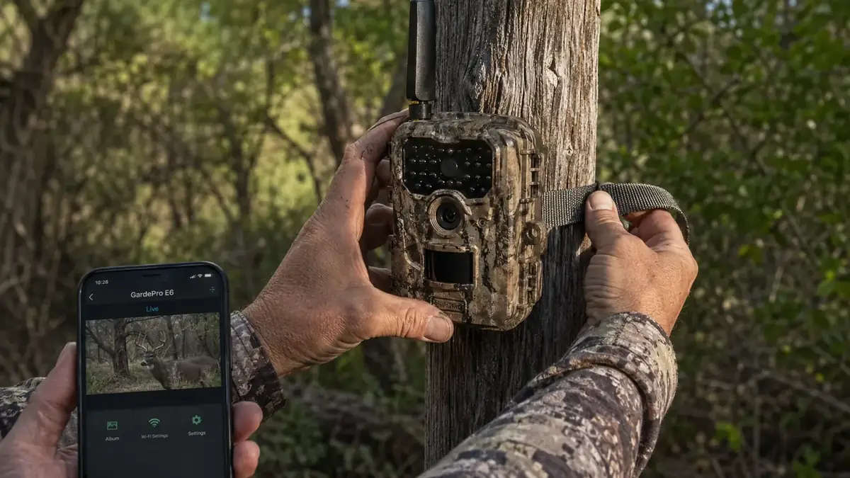 Hand mounting a WiFi trail camera to a leaning fence post at a wooded pinch point
