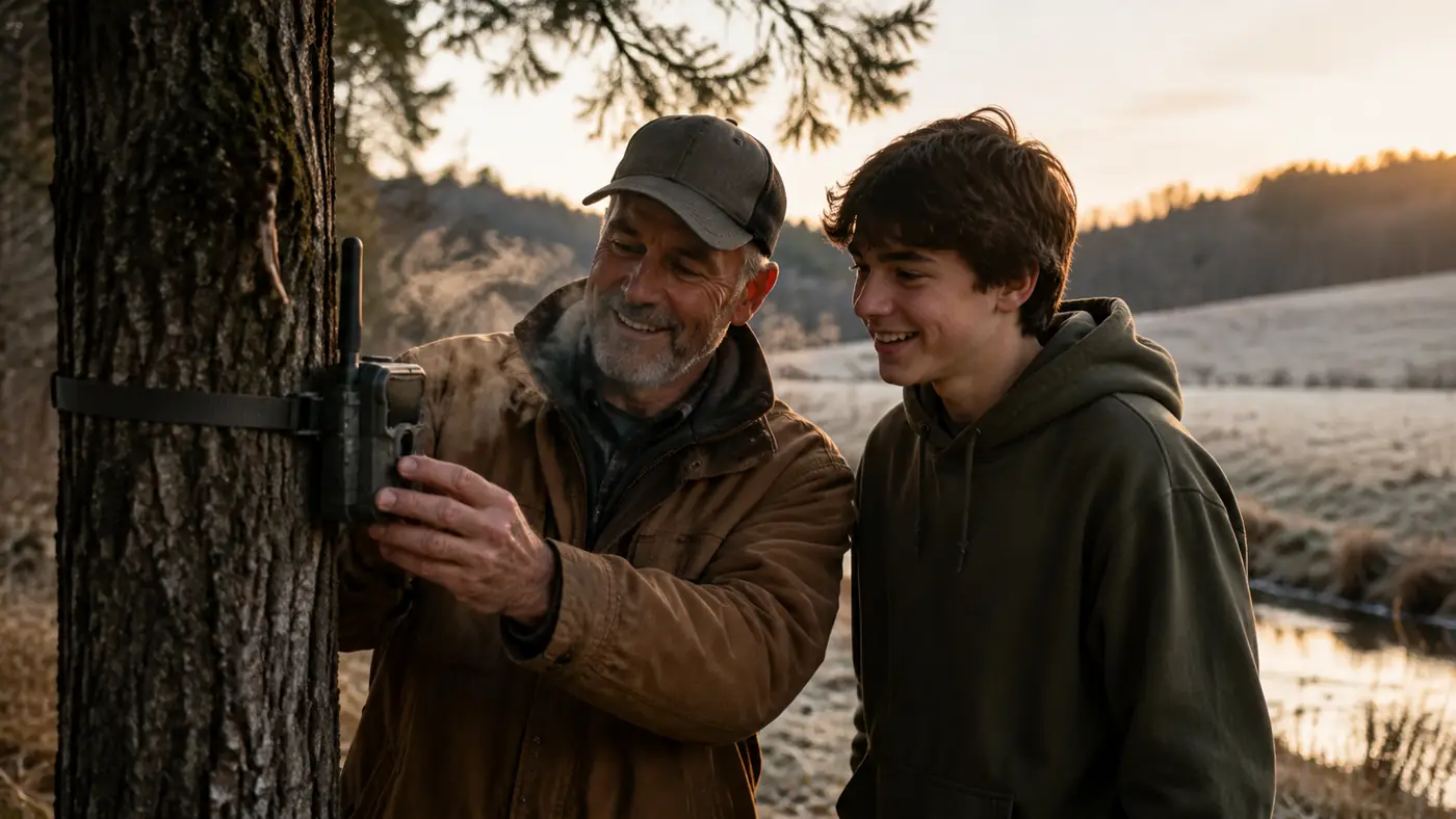 Father and teenage son checking a trail camera on a tree at dawn