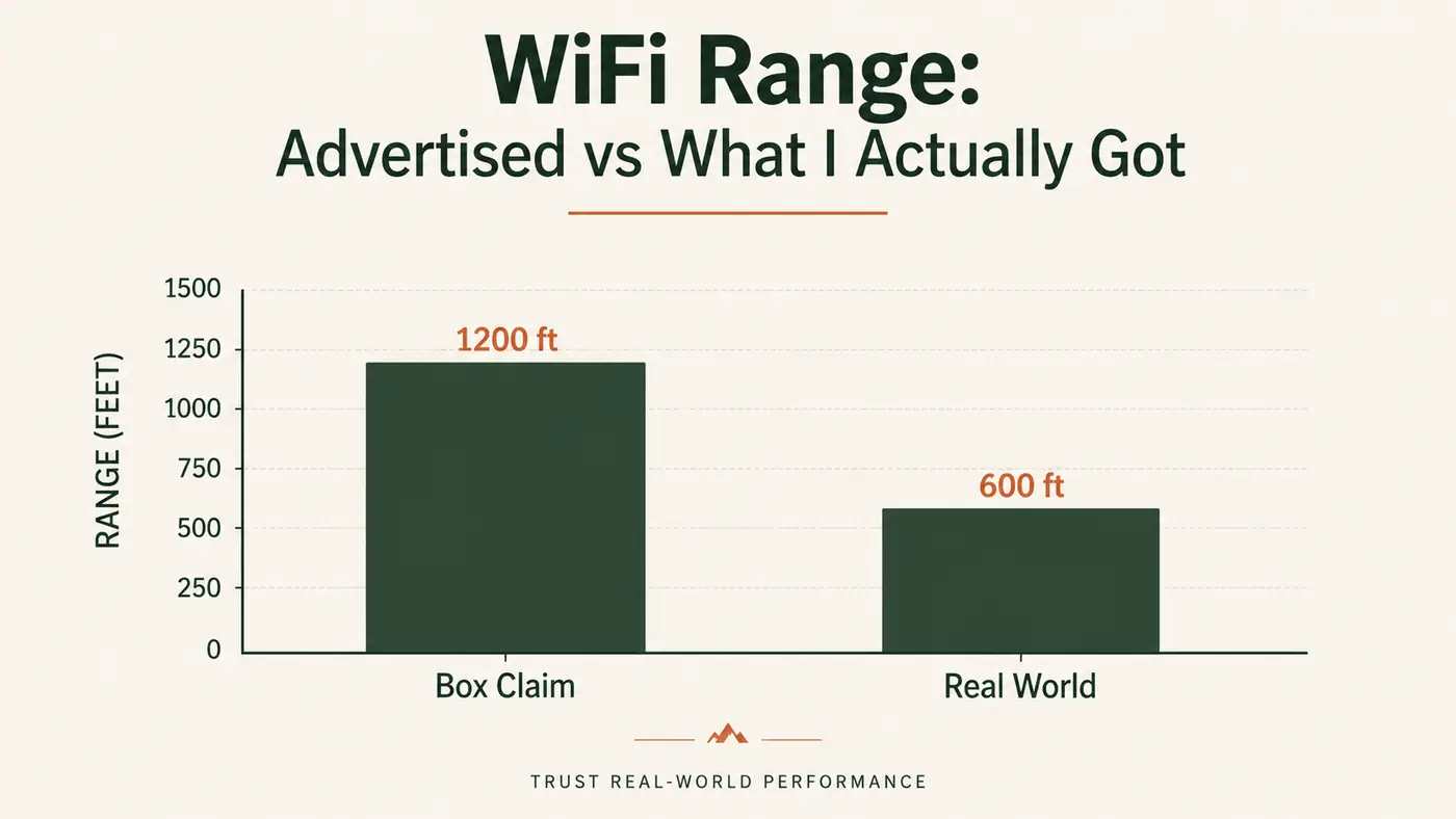 Simple bar chart comparing WiFi connection distance versus advertised range for a trail camera