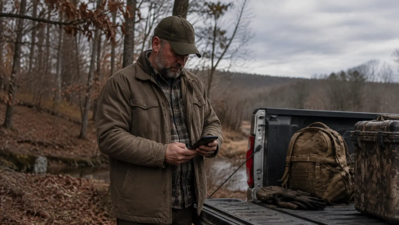 Man checking trail camera photos on his phone from the WiFi app while standing near a truck at the edge of a field