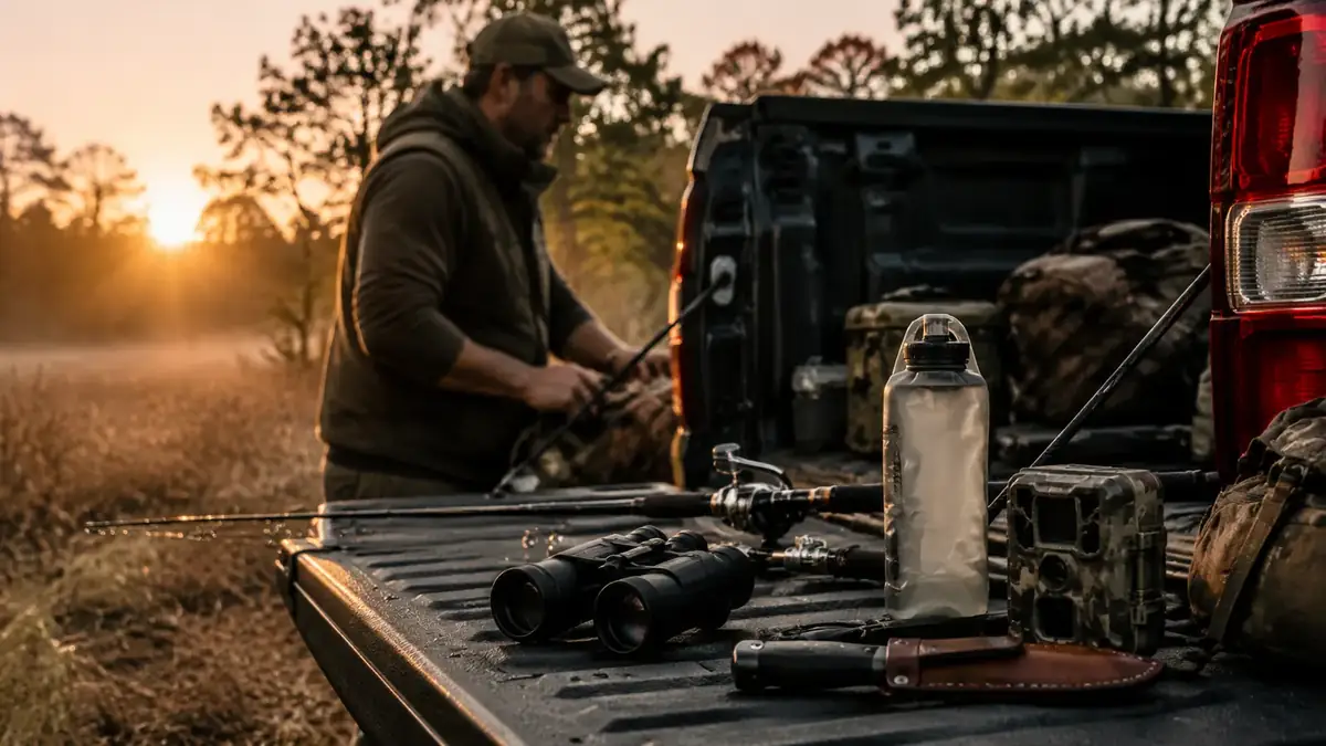 Outdoor gear laid out on a truck tailgate at dawn before a day in the field
