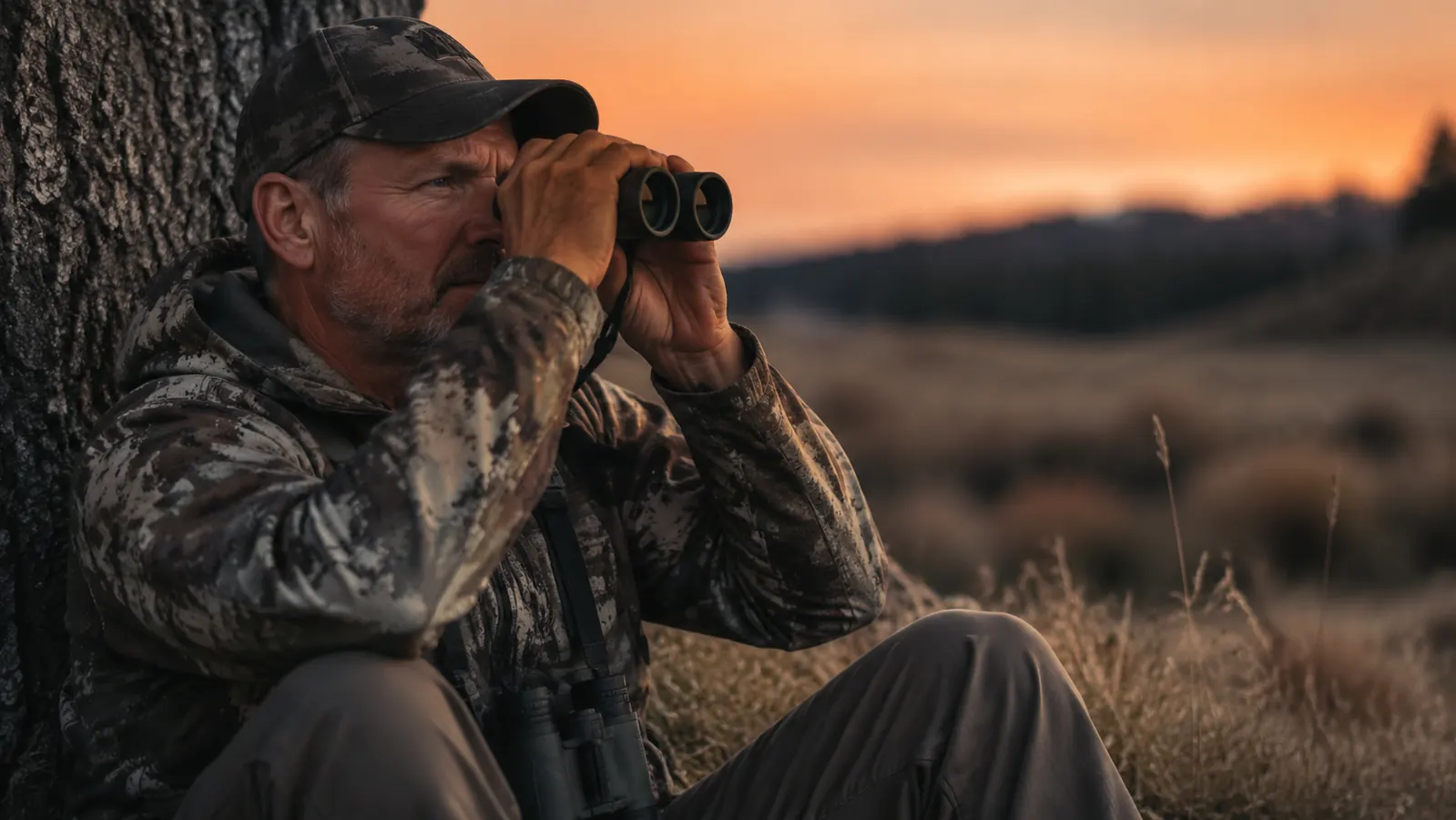 Hunter sitting against a tree at dusk with binoculars hanging from a harness, glassing a distant field edge