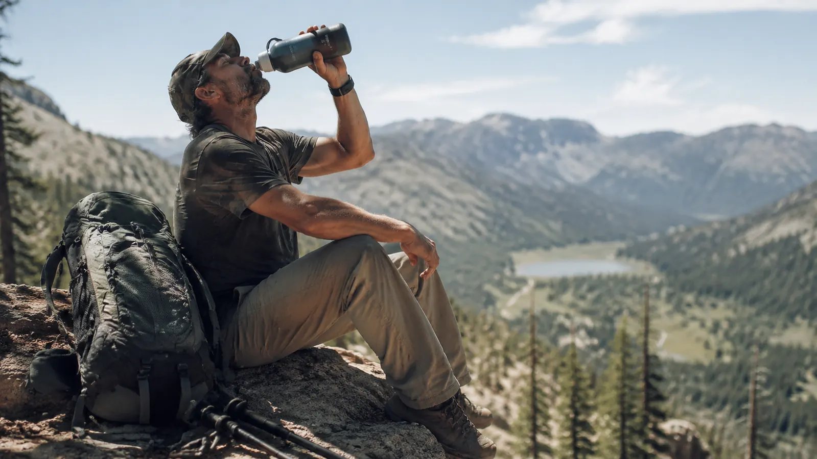 Backpacker drinking directly from a squeeze filter bottle on a rocky overlook