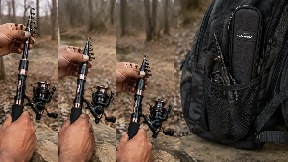 Hands collapsing a telescopic spinning rod down to its packed length next to a backpack side pocket