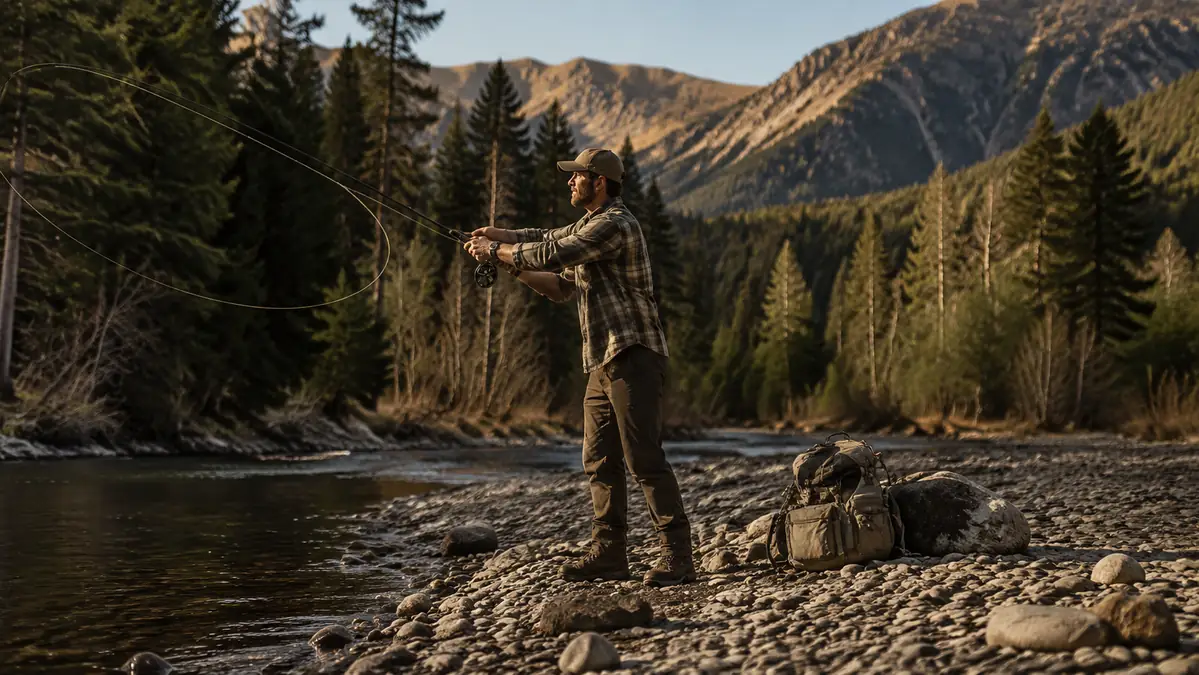Angler casting a spinning combo from a gravel bar along a backcountry stream with a full pack nearby