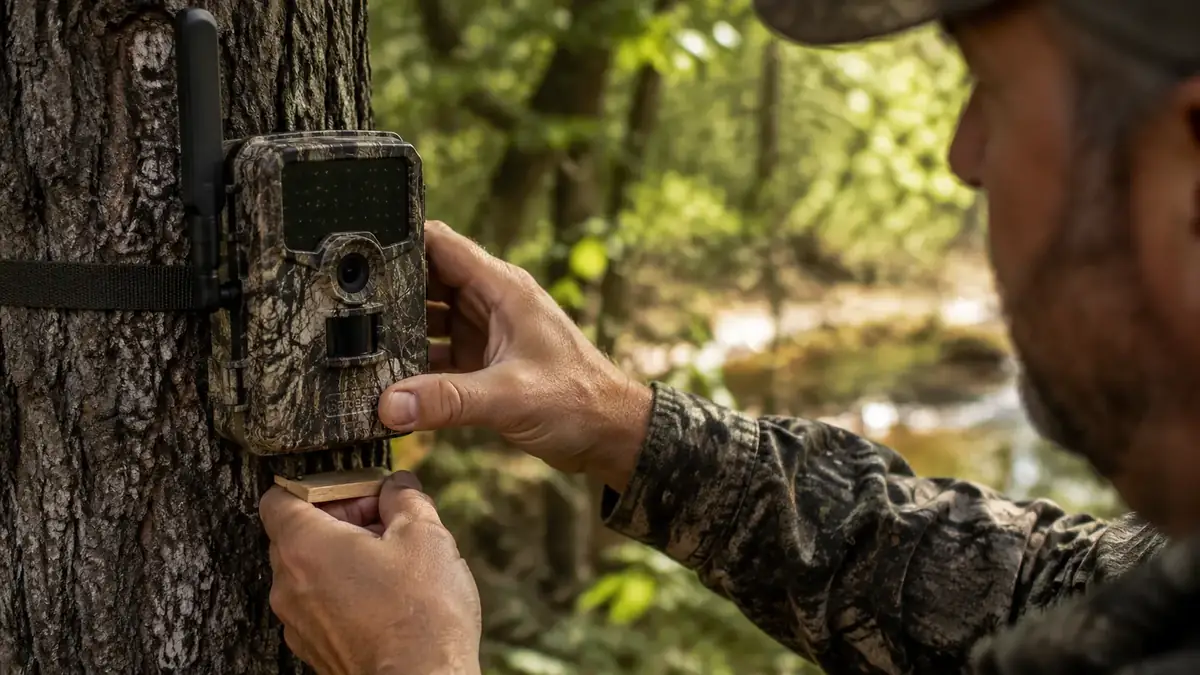A hunter's hands strapping a trail camera to a tree trunk at chest height