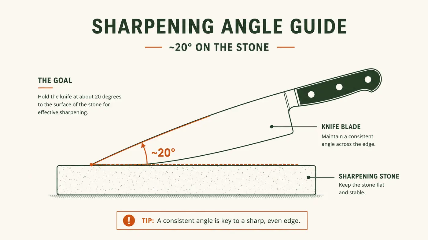 Diagram chart showing the correct blade angle in degrees for sharpening a hunting knife against a stone