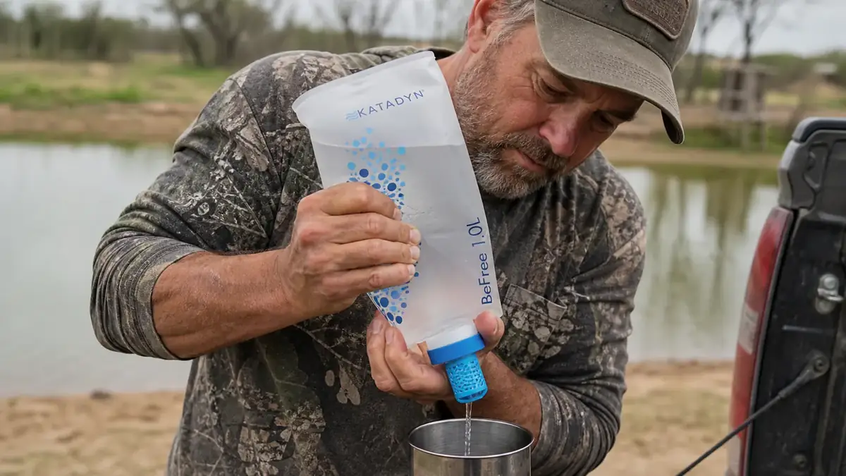 Close-up of hands squeezing a collapsible filter flask with visible effort into a metal cup