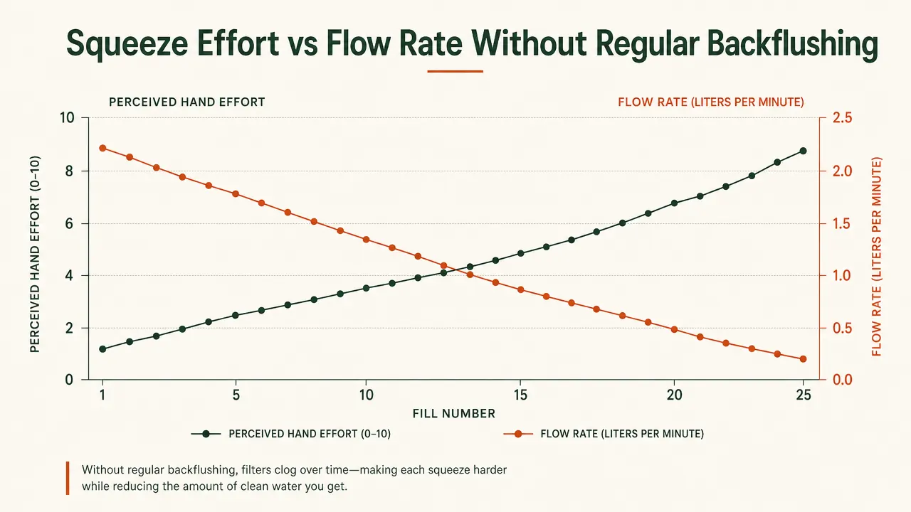 Chart showing squeeze effort increasing while flow rate decreases across repeated fills without backflushing