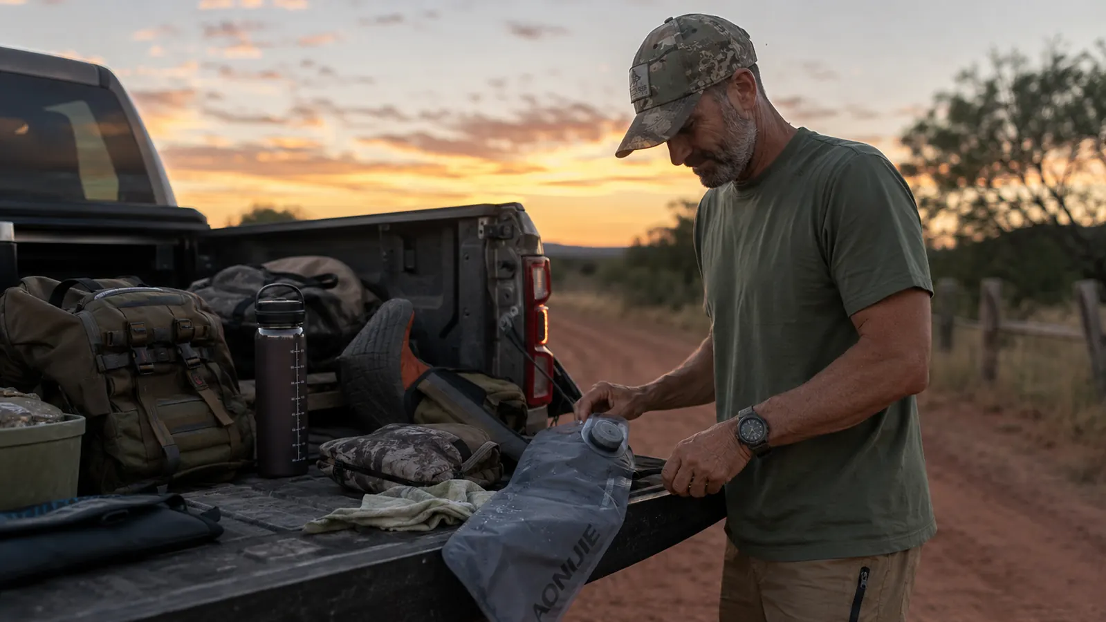 Man kneeling beside a truck tailgate at dusk drying camp gear including a collapsible water flask
