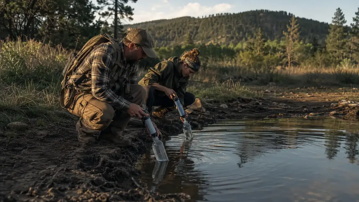 Two hikers filtering water from a stock tank into bottles at a backcountry camp