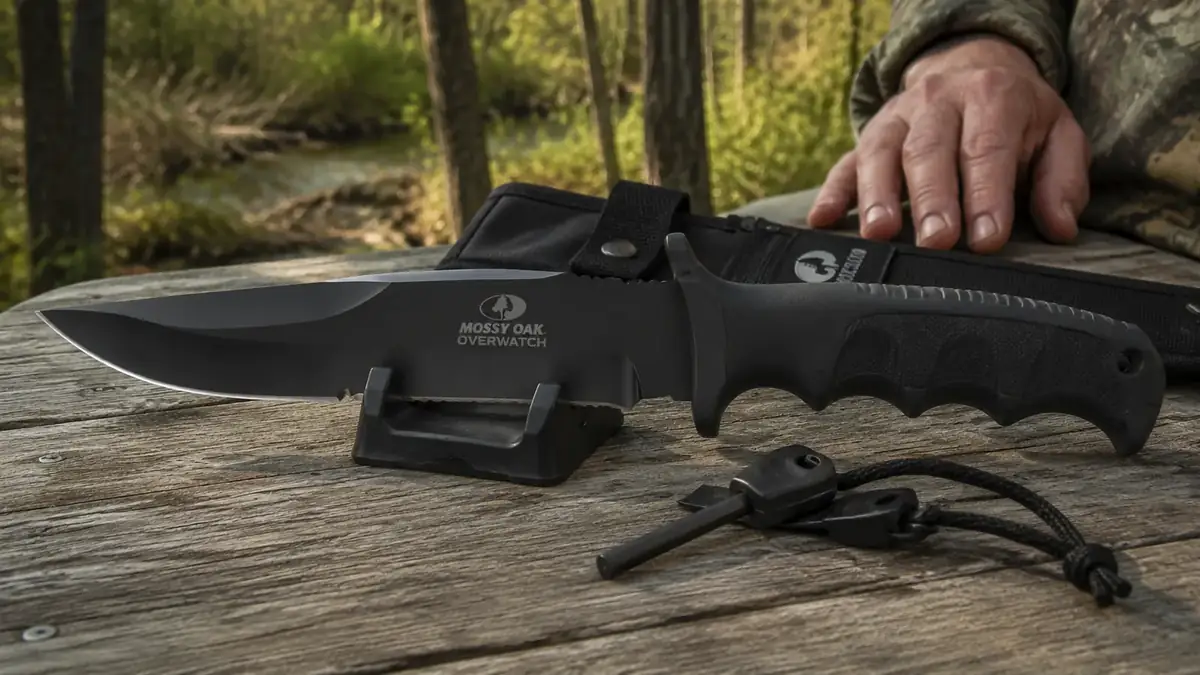 Close-up of a full-tang fixed-blade knife's textured grip and integrated fire starter rod on a sharpening stone