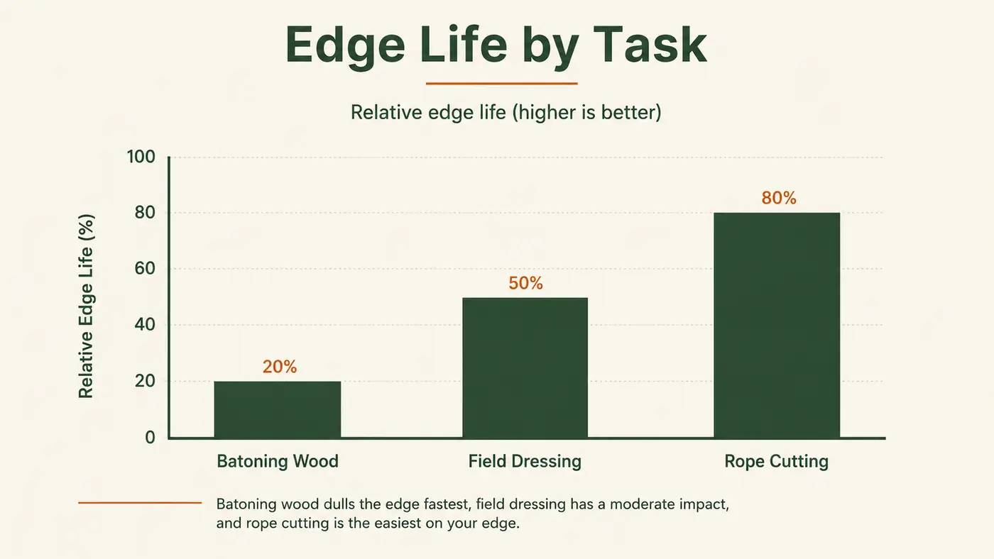 Bar chart comparing edge retention in minutes of use across three knife tasks: batoning wood, field dressing, and rope cutting