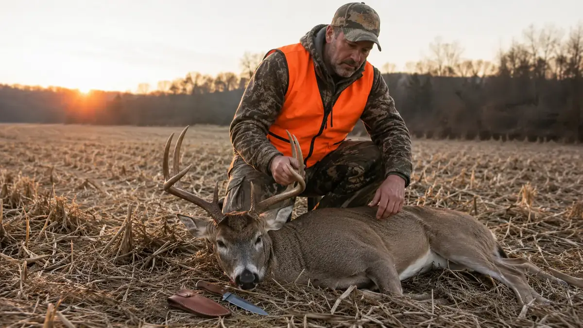 Hunter kneeling beside a field-dressed deer with the fixed-blade knife and sheath lying on the grass nearby