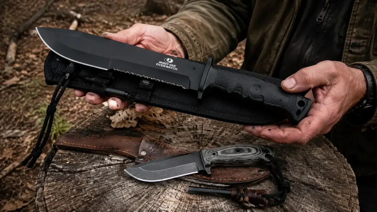 Hand gripping a full-tang Mossy Oak 15-inch survival knife next to a smaller Morakniv bushcraft knife on a camp table