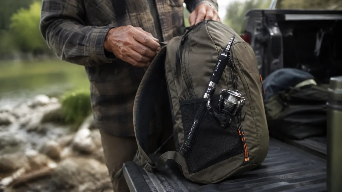 Telescopic fishing rod collapsed down and sitting in the front pocket of a daypack next to a truck tailgate