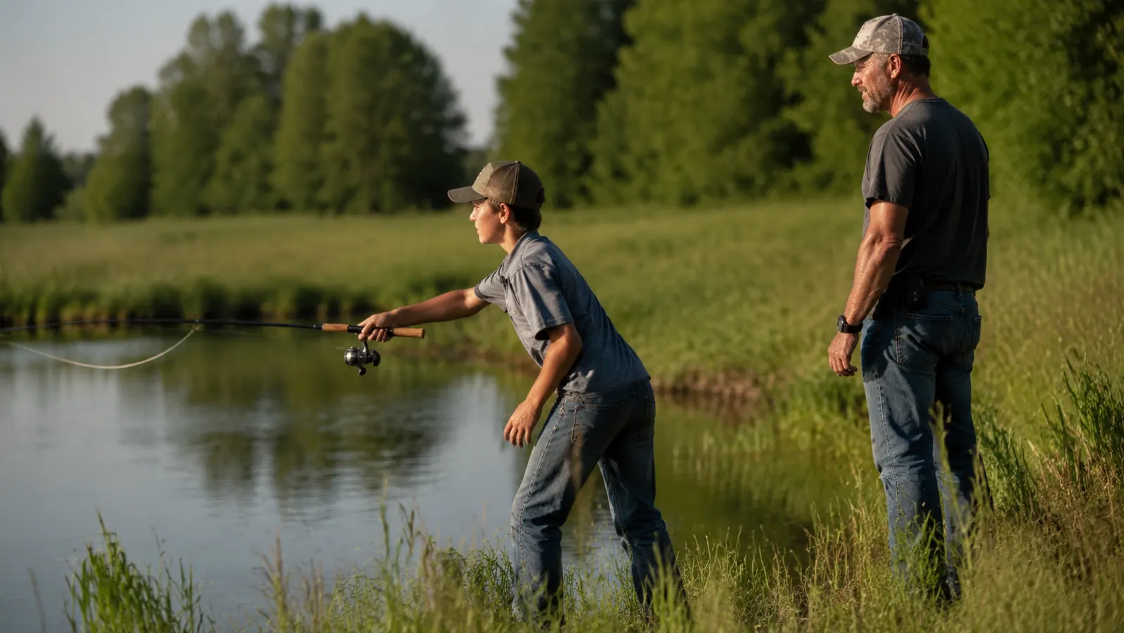 Teenage boy casting a spinning reel combo from the bank of a small pond