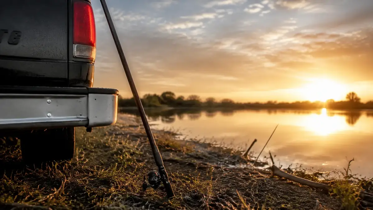 Rod and reel combo resting against a tailgate at sunset after a day of fishing