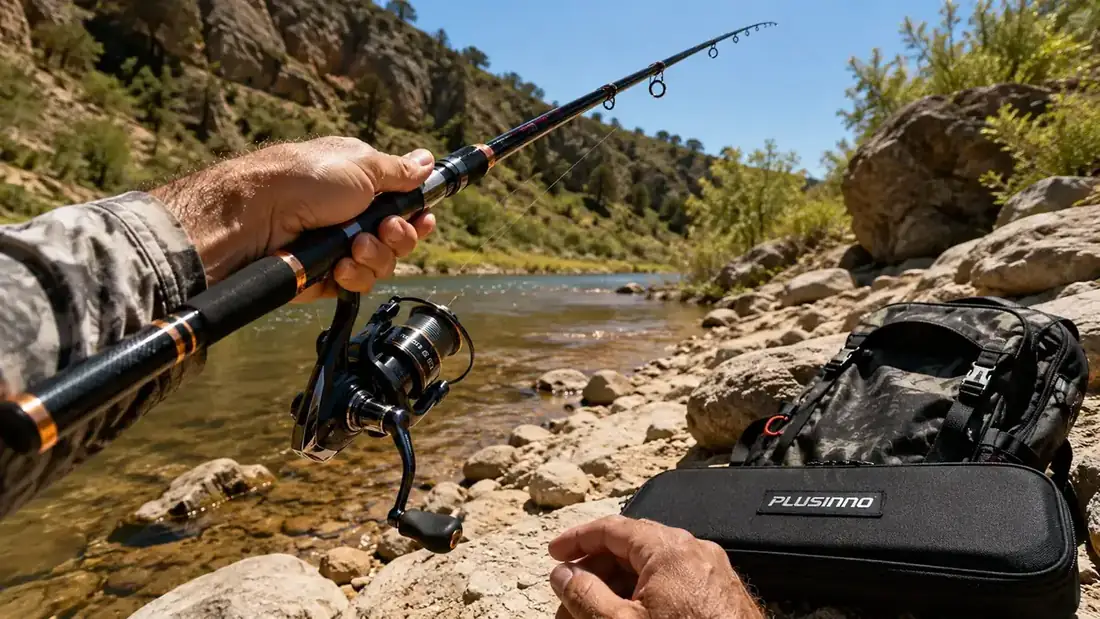 A hand casting a collapsed telescopic spinning rod off a canyon riverbank