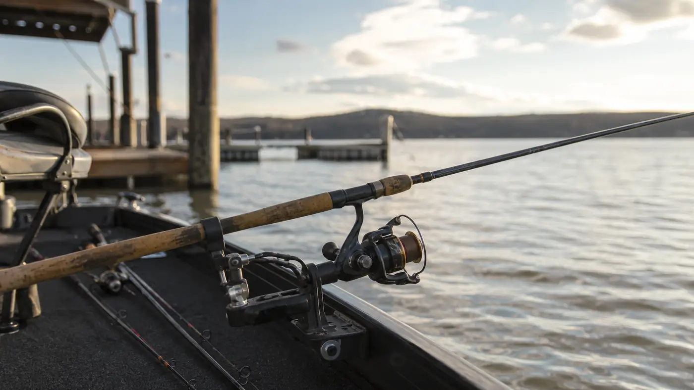 A weathered two-piece spinning rod resting in a boat rod holder near a lake dock