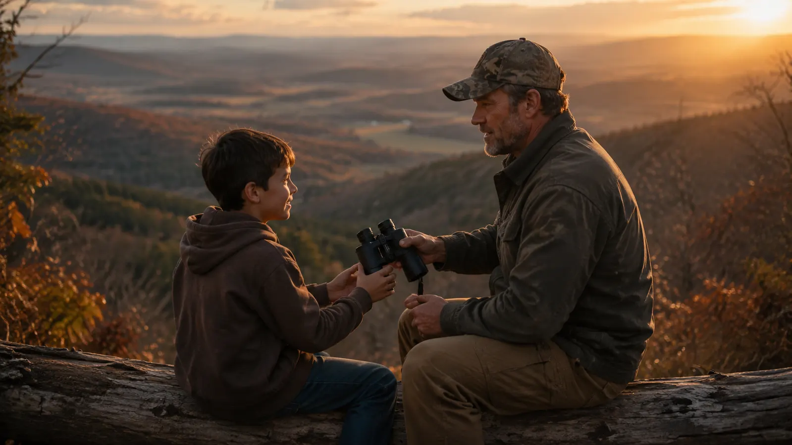Hunter and young son sharing binoculars while sitting on a timber ridge looking out over a valley